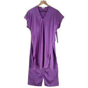 ICE Vintage‎ 100% Silk Purple V-Neck Longline Tunic Tie Waist Pants Pajama Set S